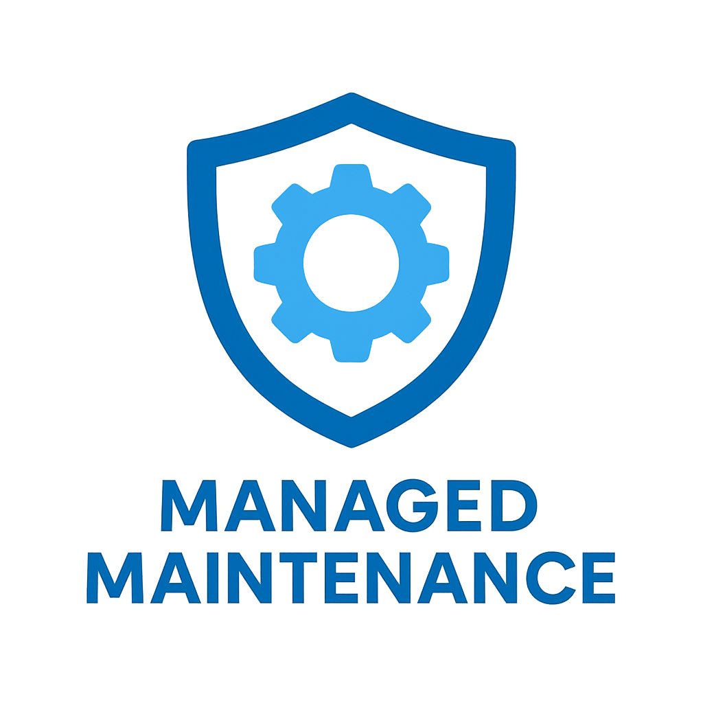Blue shield emblem with a gear inside, and the words 'Managed Maintenance' beneath it.