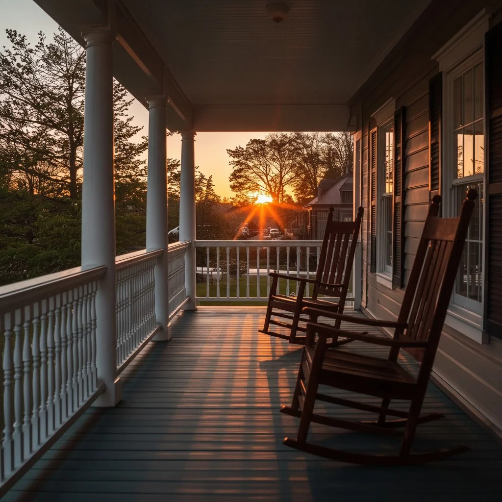 A porch with two wooden rocking chairs during sunset, with trees and houses visible in the background.