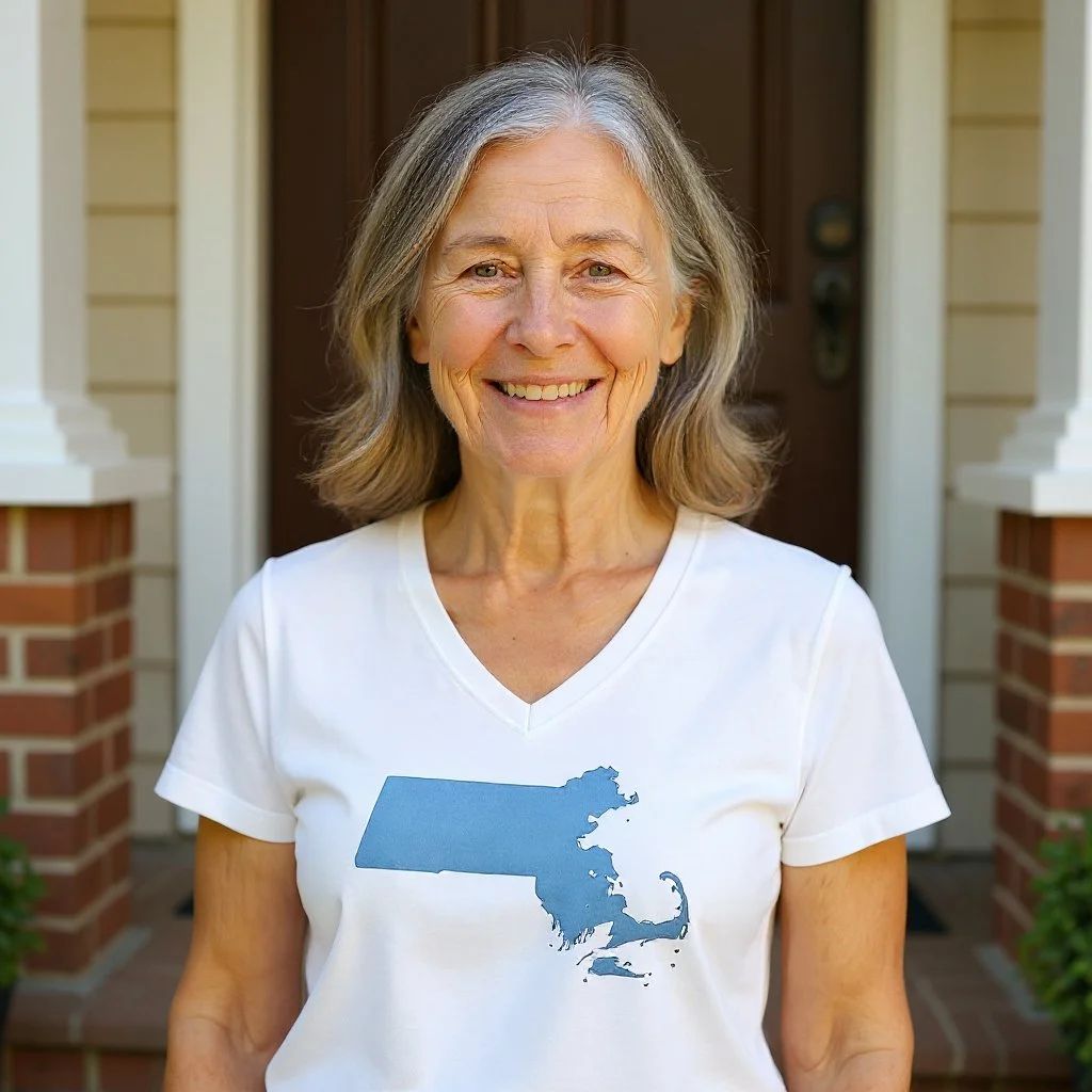 Small business owner smiling with Massachusetts tshirt