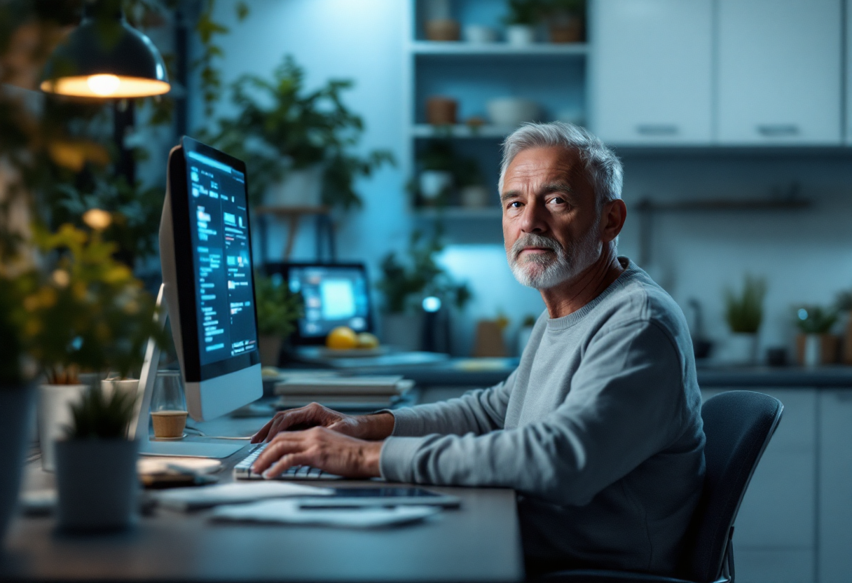 An older man with gray hair and beard working at a desk in a modern kitchen or office space with plants and shelves, using a desktop computer.