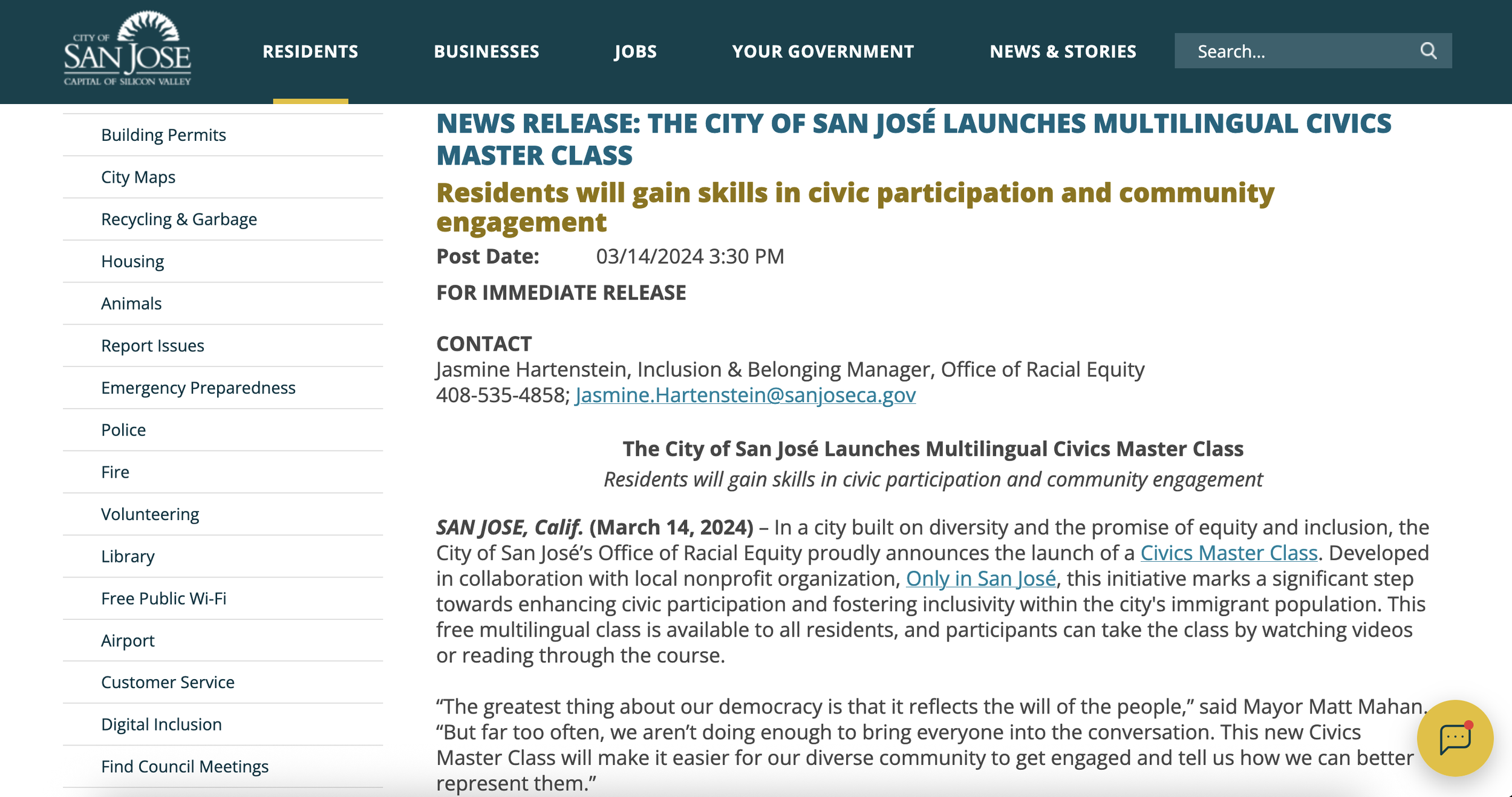 You can access the City of San José's Civic Masterclass here: https://www.sanjoseca.gov/your-government/departments-offices/office-of-the-city-manager/office-of-racial-equity/san-jose-civics-masterclass