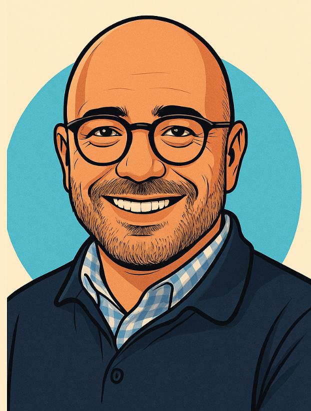 Portrait illustré d'un homme souriant, portant des lunettes rondes, une barbe courte, vêtu d'une chemise à carreaux sous une veste