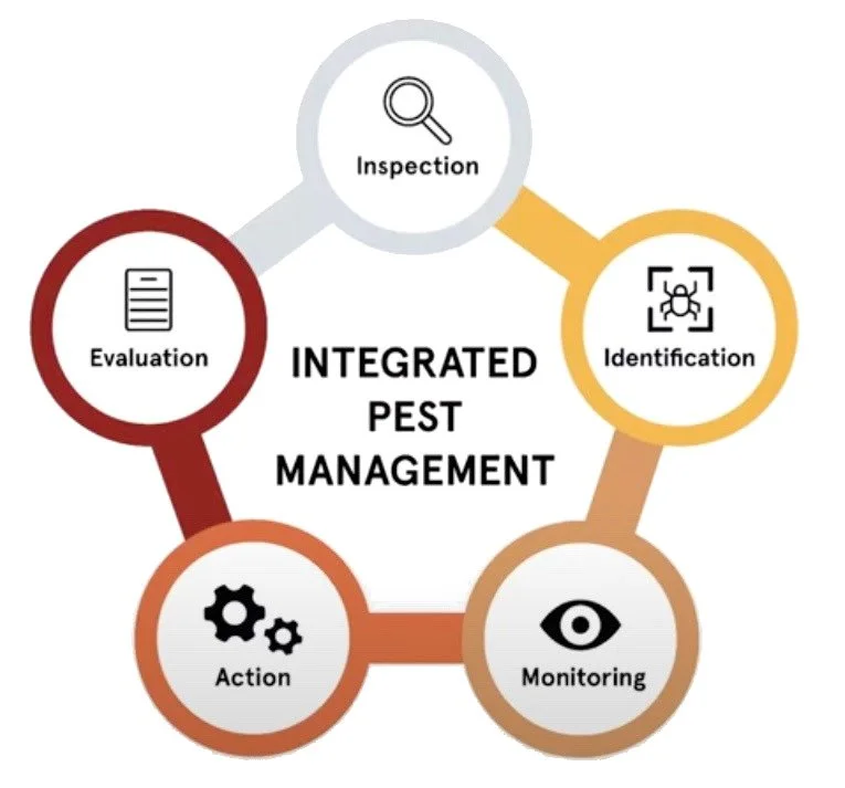 Diagram illustrating integrated pest management with five interconnected circles labeled Inspection, Identification, Monitoring, Action, and Evaluation.