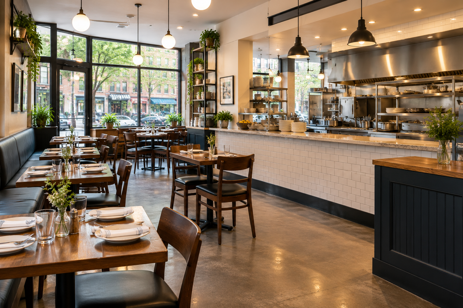 Clean restaurant dining room and commercial kitchen in Queens, New York