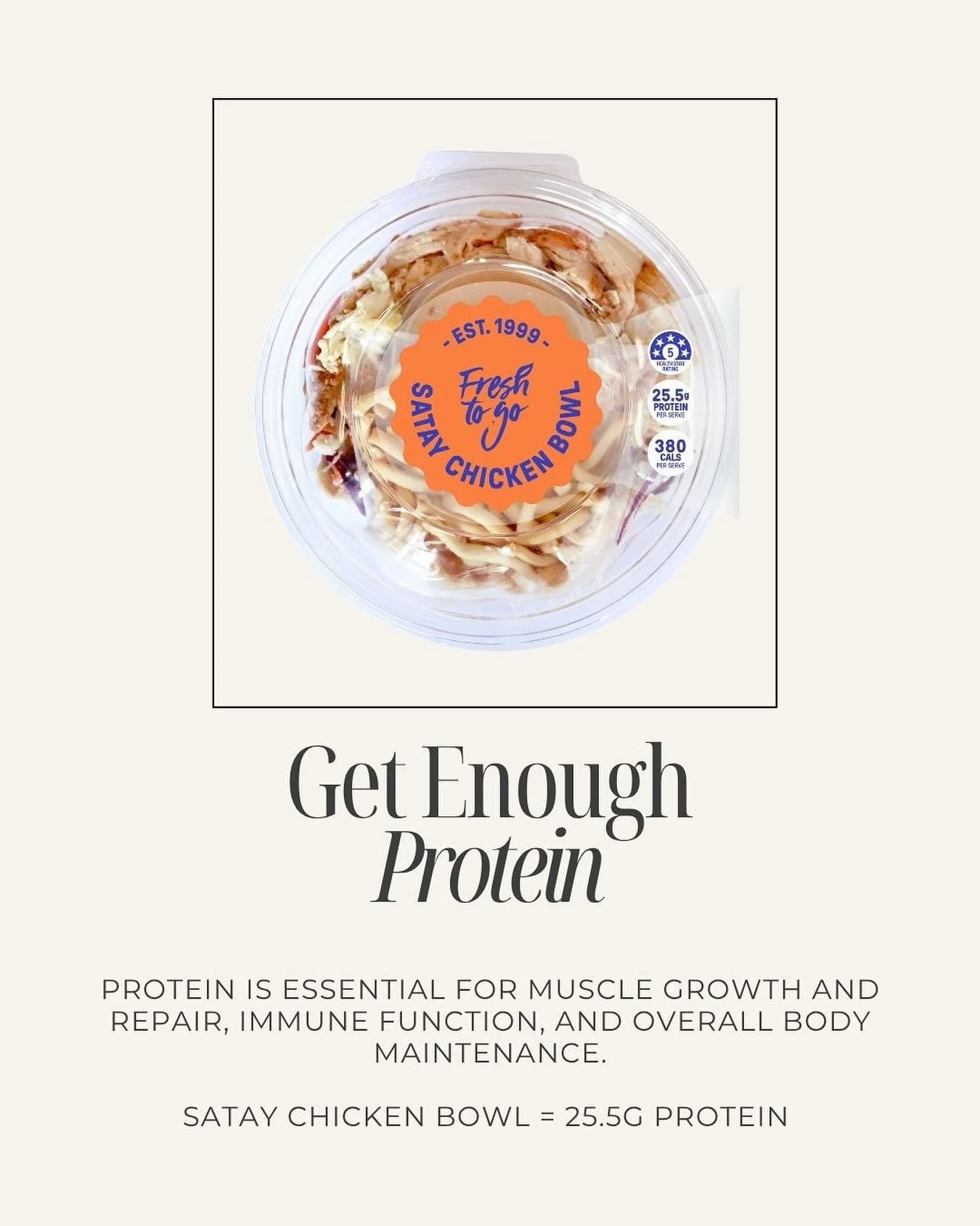 Our Satay Chicken Bowl&rsquo;s packed with 25.5g of protein to keep you fuelled, strong, and feeling good all day long 💪🥗

#freshtogo #goodfoodgoodvibes #proteinpacked #sataychicken #kiwieats #easyfoodonthego