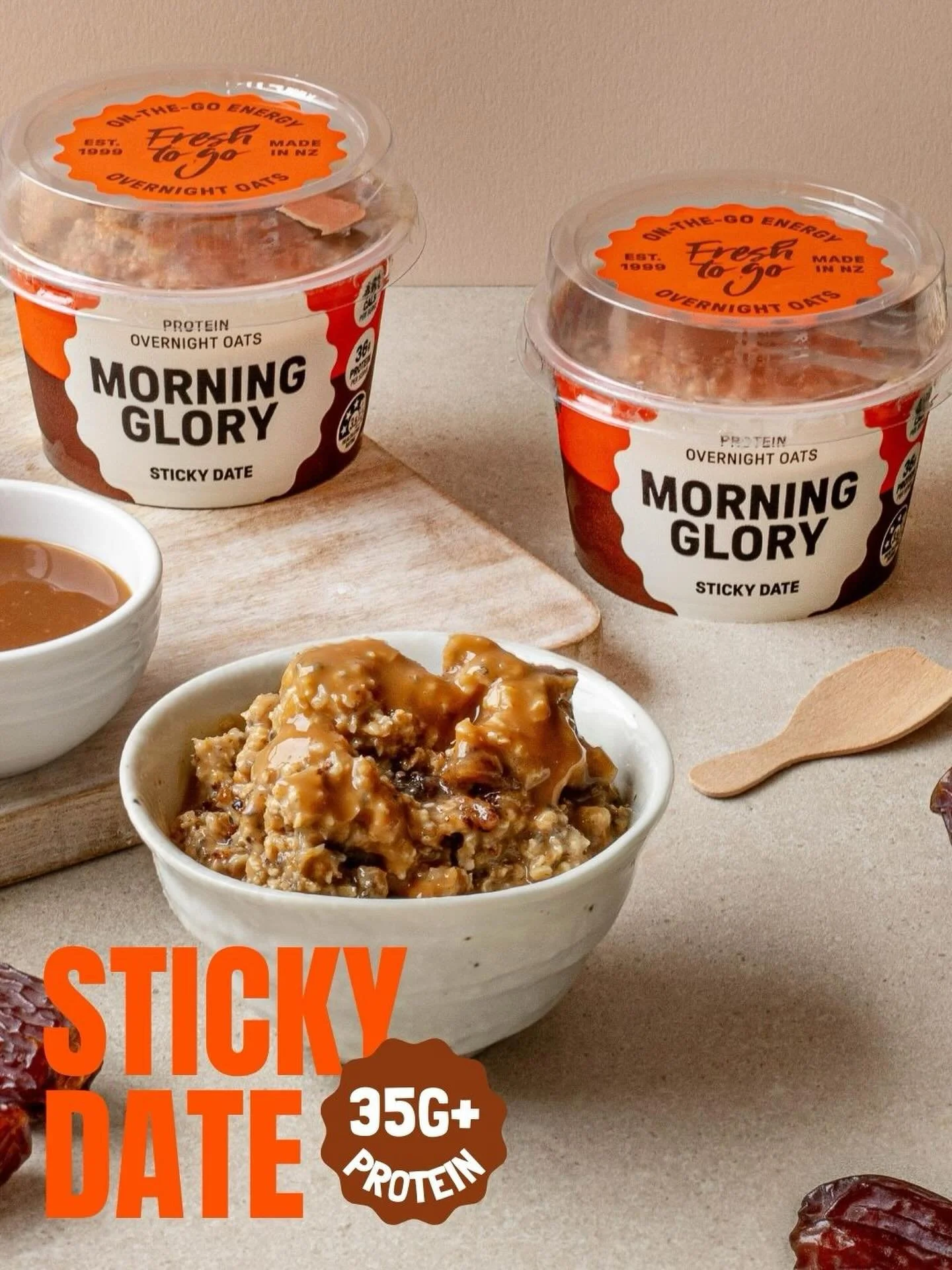 Things are about to get sticky &hellip; think sticky date pudding but packed full of protein &mdash; keeping you fuelled throughout the day.

Our Sticky Date Morning Glory oats are served chilled. Made with sweet dates, a hint of cinnamon, creamy whe