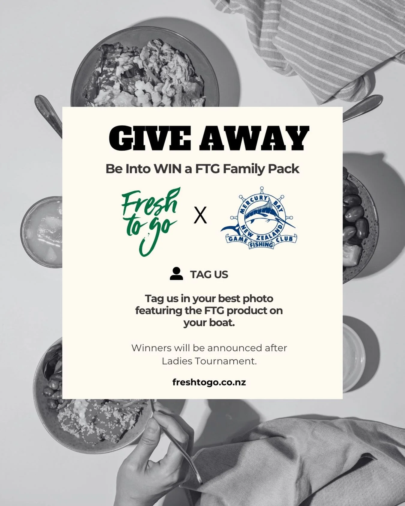 MBGFC LADIES TOURNEY GIVEAWAY !!!! 🎣

We&rsquo;ve teamed up to give one lucky team: 
🥗 @freshtogo_nz Family Meal Pack - featuring our bulk salads, salad bowls &amp; some goodies from our new breakfast range. 

To enter:
&bull; Tag us in your best p