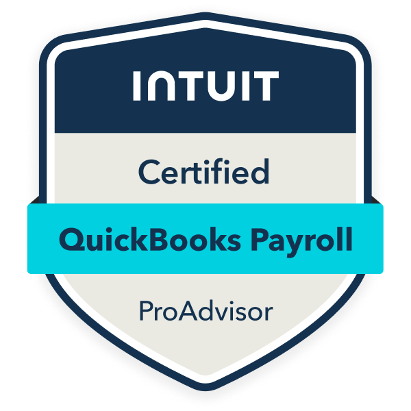 Badge with the text 'Intuit Certified QuickBooks Payroll ProAdvisor'.
