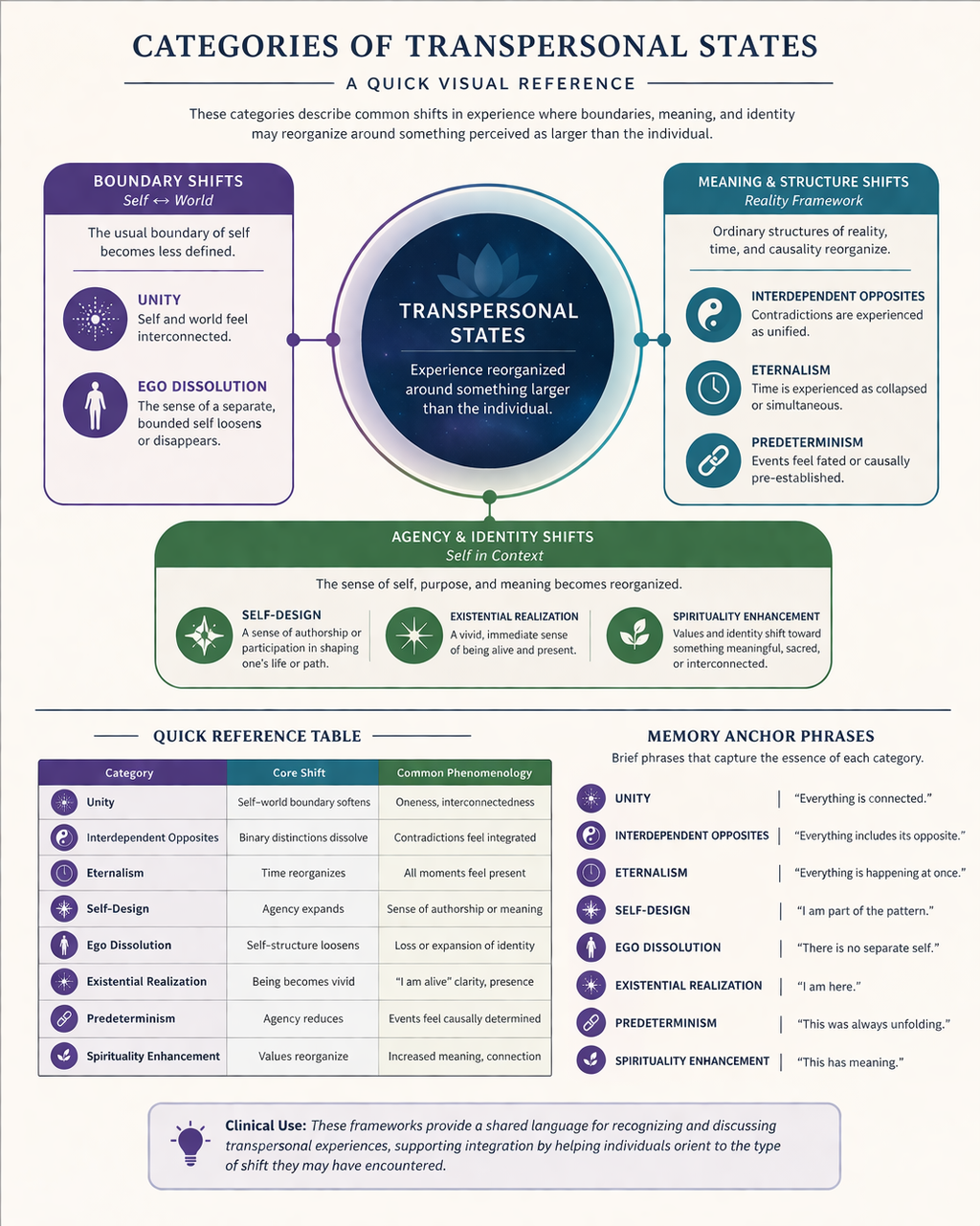 Infographic of transpersonal states in psychedelic therapy, including unity, ego dissolution, mystical experience, and altered perceptions of time, identity, and meaning, organized into three core domains.