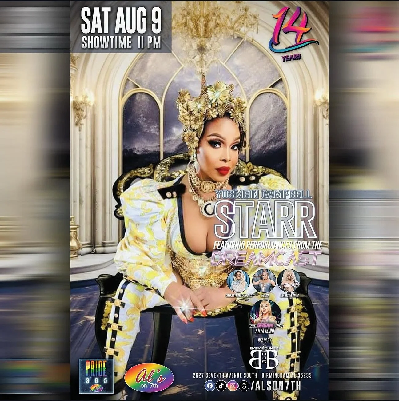 SAT AUG 9! Yosmein Campbell Starr returns to the #showplacewithspace! Featuring performances from the #DREAMCAST w/ DREAM Guest Anya Mind + beats by BamaBounce DJs. Showtime 11 pm.
#bamabounce #bamabouncedjs #djse7en #djnakaifma #birminghamal #Urvi