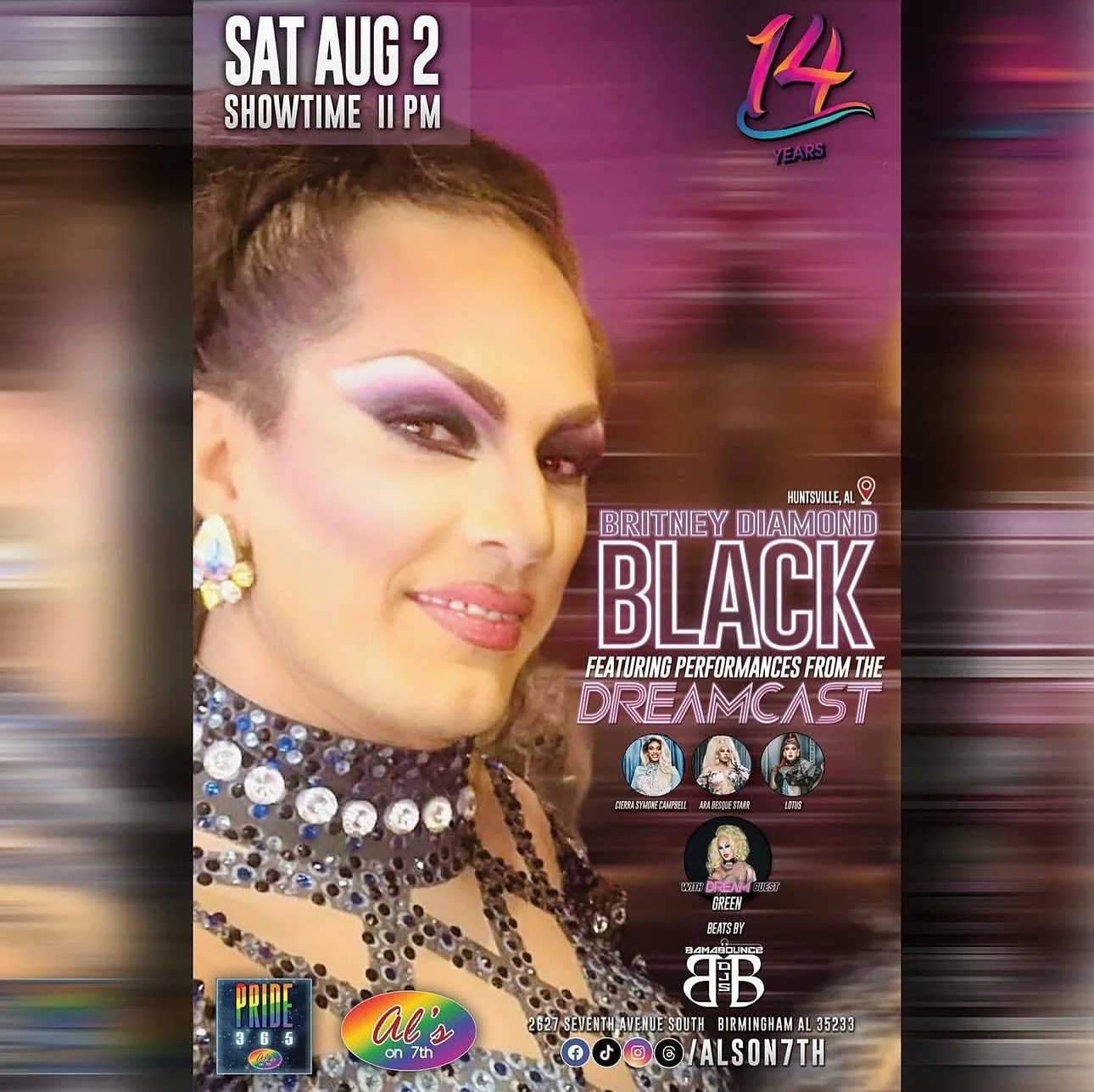 SAT AUG 2! Huntsville’s Britney Diamond Black takes the stage at the #showplacewithspace! Featuring performances from the #DREAMCAST w/ extra DREAM Guest GREEN + beats by BamaBounce DJs. Showtime 11 pm.
#bamabounce #bamabouncedjs #djse7en #djn