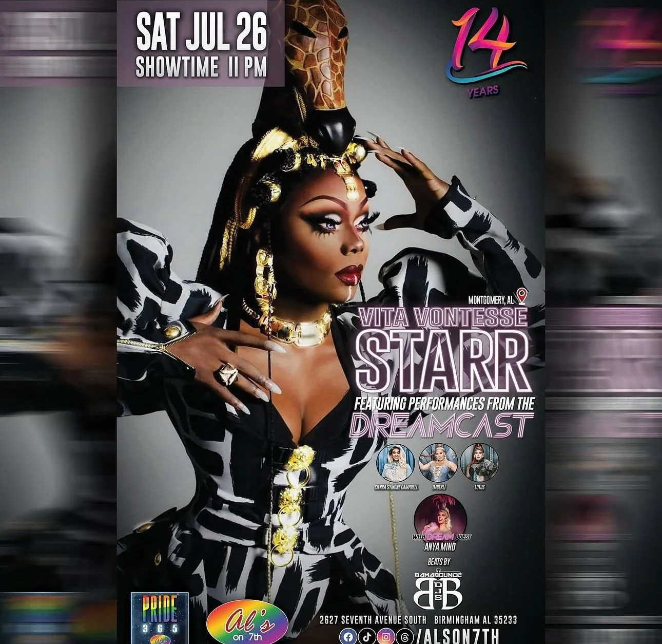 SAT JUL 26! @vitavontessestarr returns to the #showplacewithspace! WITH DREAM Guest @shesanyamind. Featuring performances from the #DREAMCAST + beats by BamaBounce DJs. Showtime 11 pm.
#bamabounce #bamabouncedjs #djse7en #djnakaifma #birminghamal #