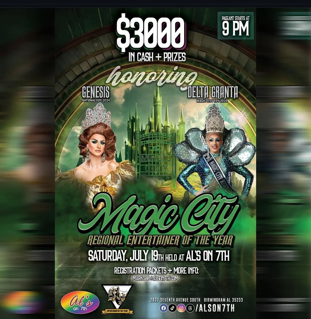 Bring on the MAGIC! * On July 19th, we’re + “defying gravity” + with the Magic City Regional Entertainer of the Year! *
Honoring Genesis (National Entertainer of the Year 2024) and Delta Granta (Miss Magic City EOY, FI).
$3000 in c