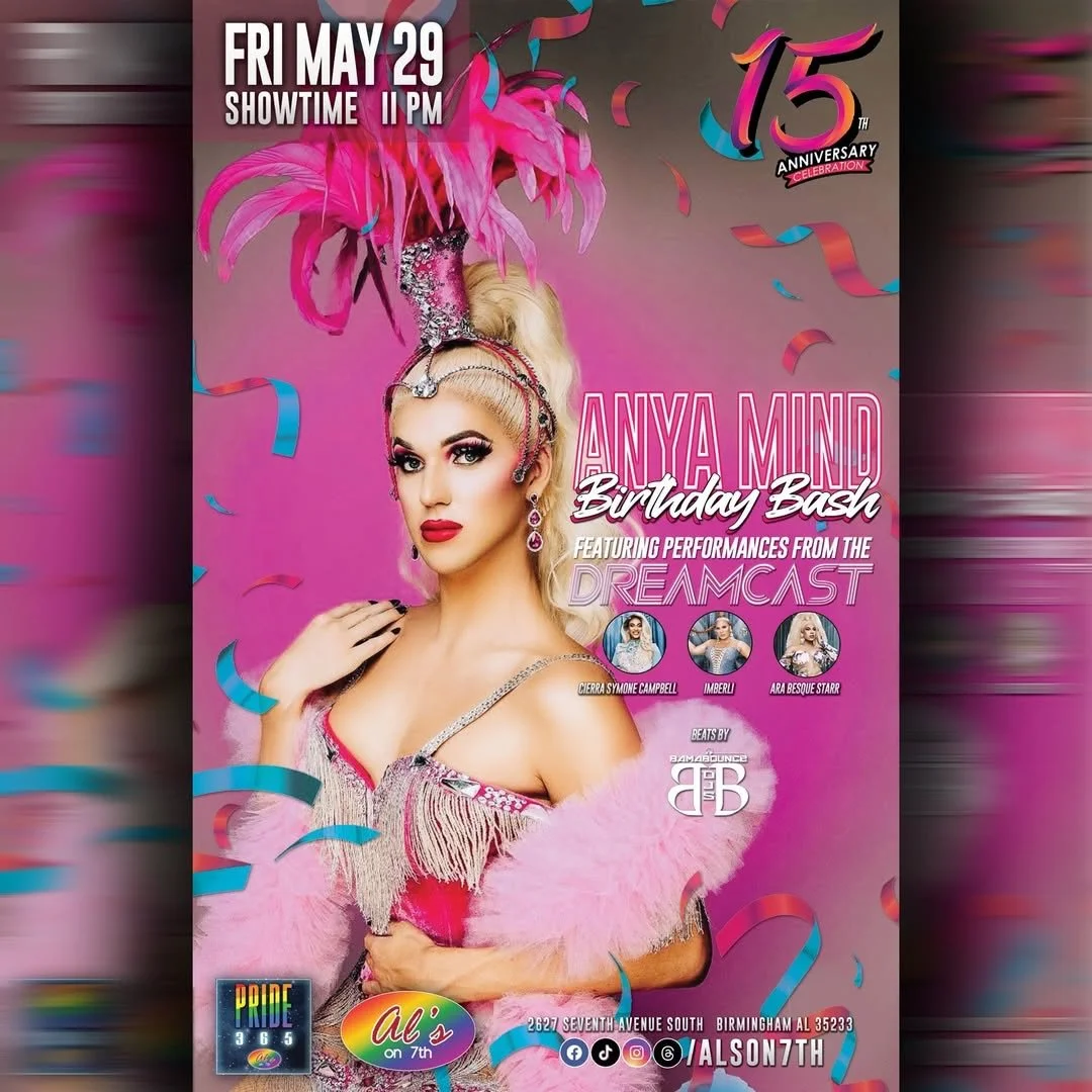 FRI MAY 29! YOU are cordially invited to Anya Mind&rsquo;s 🎈 Birthday 🎈 Bash! 🥳 Featuring performances 💃🏼 from the #DREAMCAST (Cierra Symone Campbell, Imberli and Ara Besque Starr) + beats 🎧 by BamaBounce DJs. Showtime 11 pm.
#bamabouncedjs #al