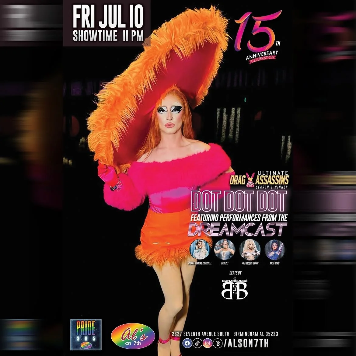 THIS FRIDAY! Ultimate Drag Assassins 9 winner @dotdotdotofficial takes the stage with the #DREAMCAST + beats by @bamabouncedjs. Showtime 11 pm. #alson7th #showplacewithspace #wedodraghere