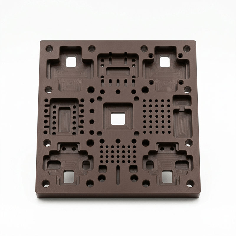 A square, brown, plastic component with multiple cutouts, holes, and patterns, possibly a mounting or structural plate.