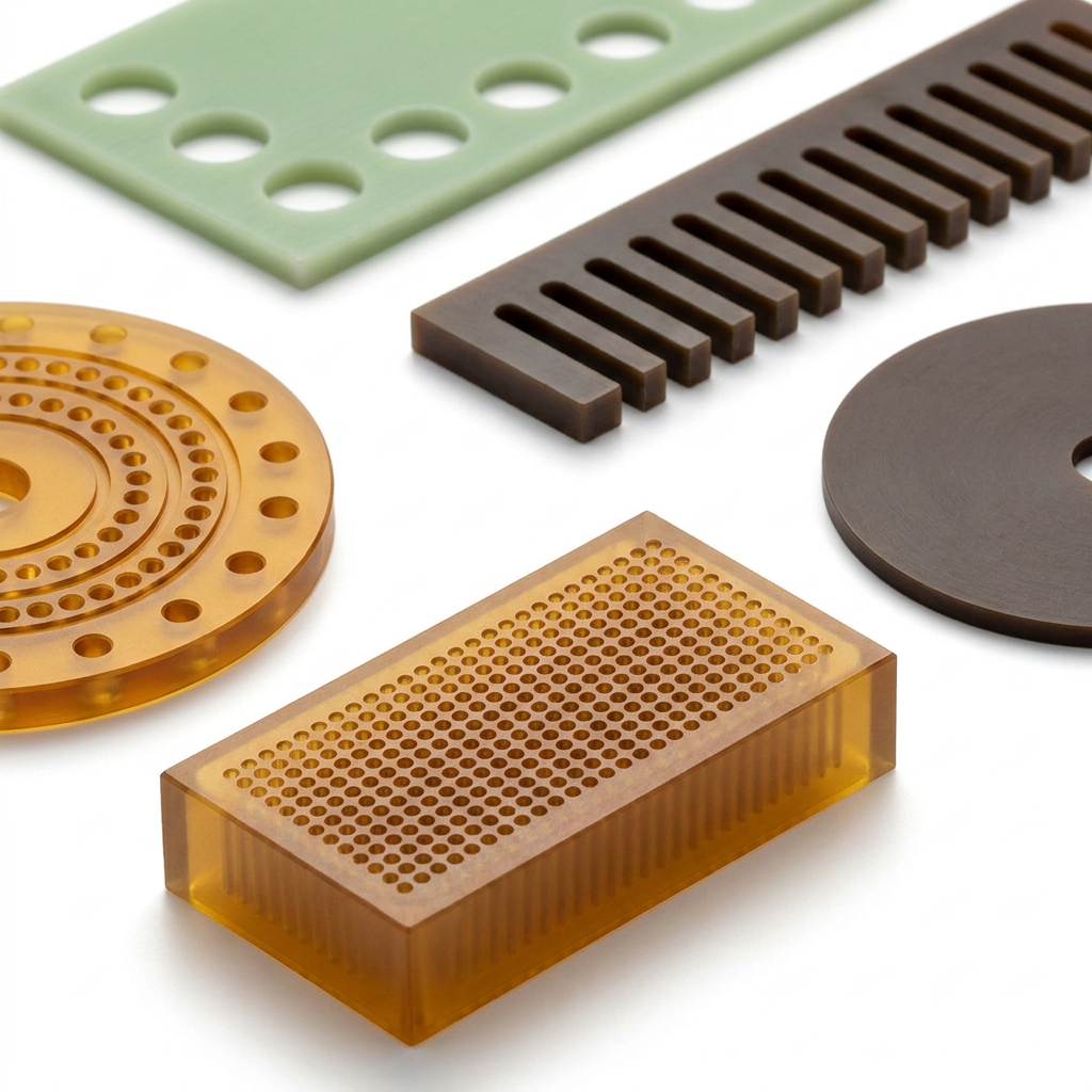 dielectric component cnc machined - ultra-high-density ultem connector insert, circular ultem connector insert, circular vespel RF spacer disk, rectangular G10 feedthrough plate, cable routing comb