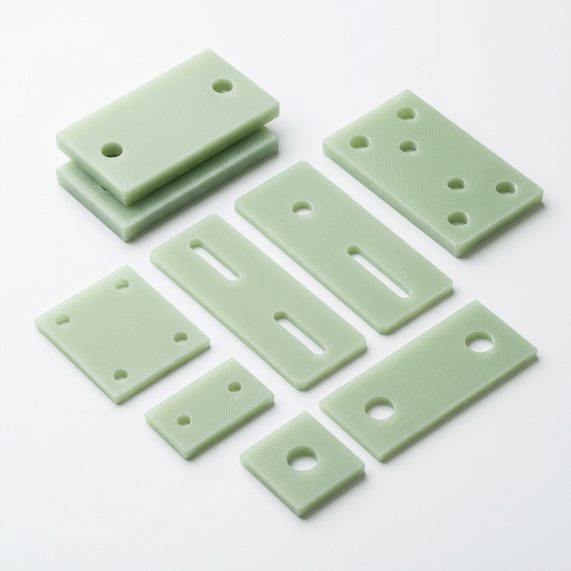 Nine light green rectangular plastic pieces with holes and slots, laid out on a white background.