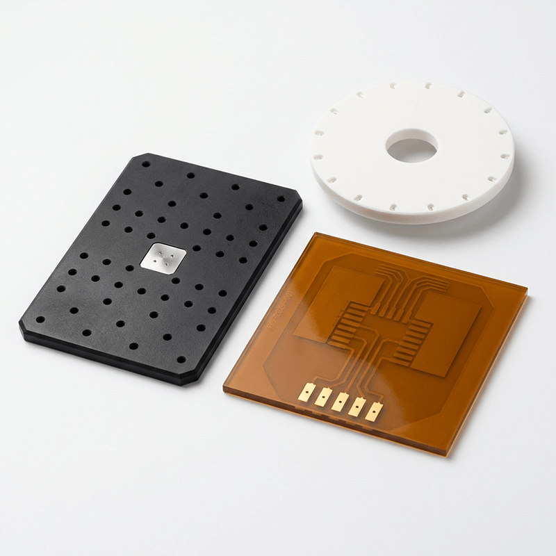 Various electronic components, including a black perforated board, a white circular ring with small indentations around the edge, and a transparent orange circuit board with gold connectors.