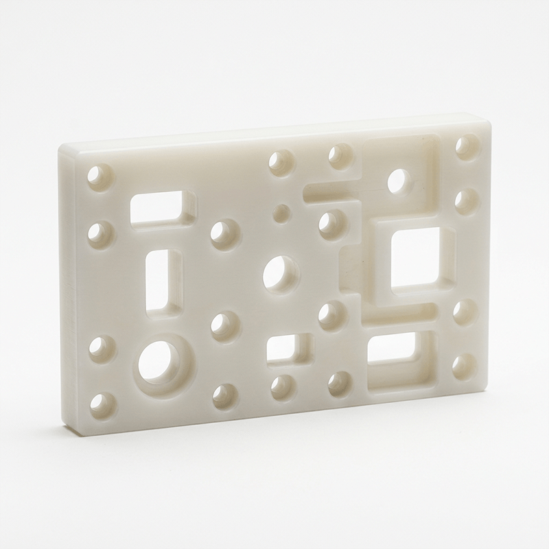 A white plastic object with multiple holes and cutouts, resembling a mechanical or electronic component part.