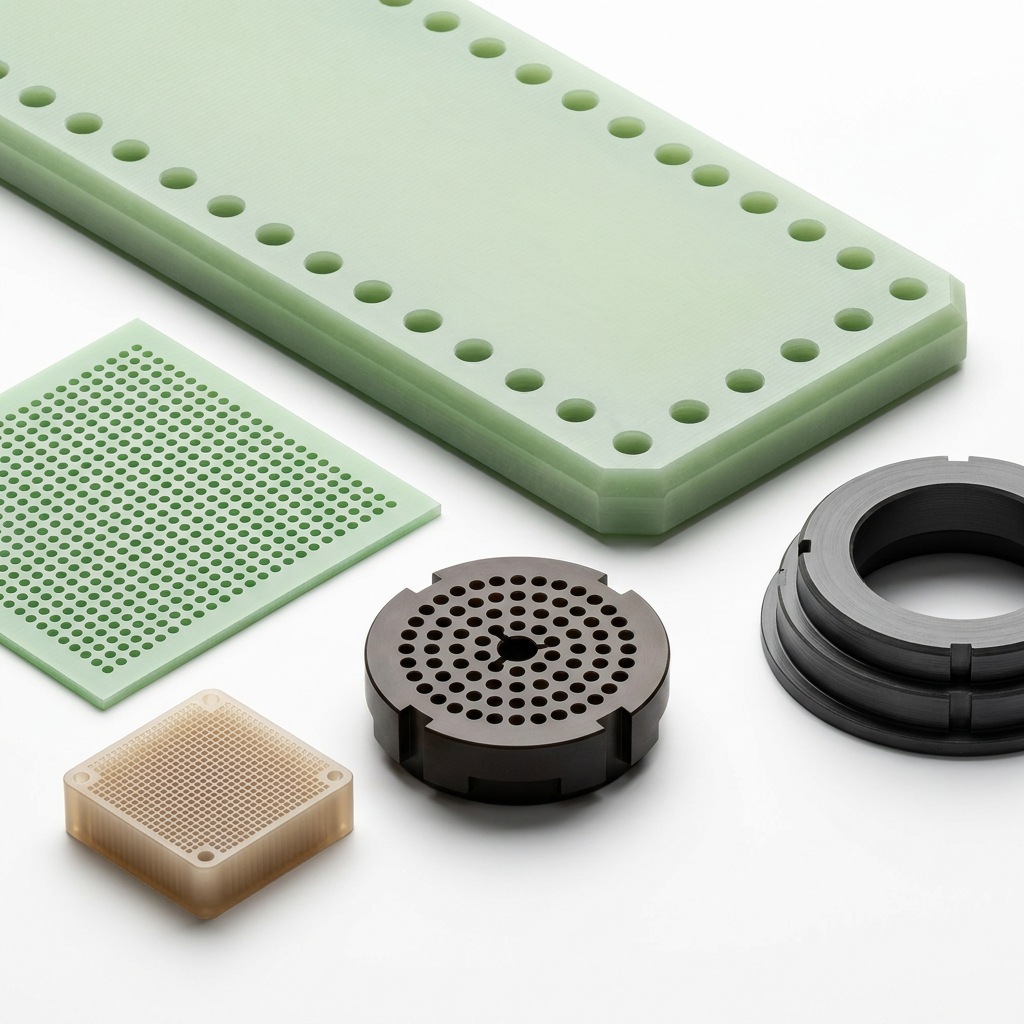 Aerospace and defense component parts - G10 RFI cover, PEEK micro multi-pin connector, Vespel circular connector insert, PPS backshell spacer ring, FR4 filter plate