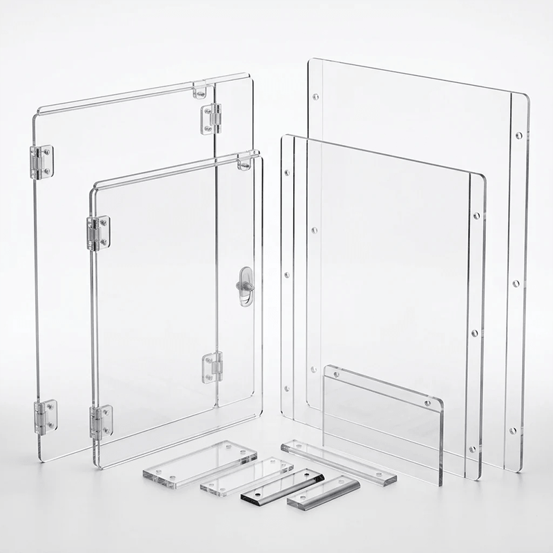 Various transparent acrylic or glass panels, some with hinges, arranged against a white background.