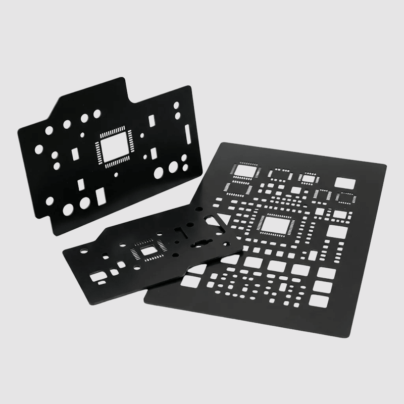 Set of black electronic circuit templates with various cutouts and designs.