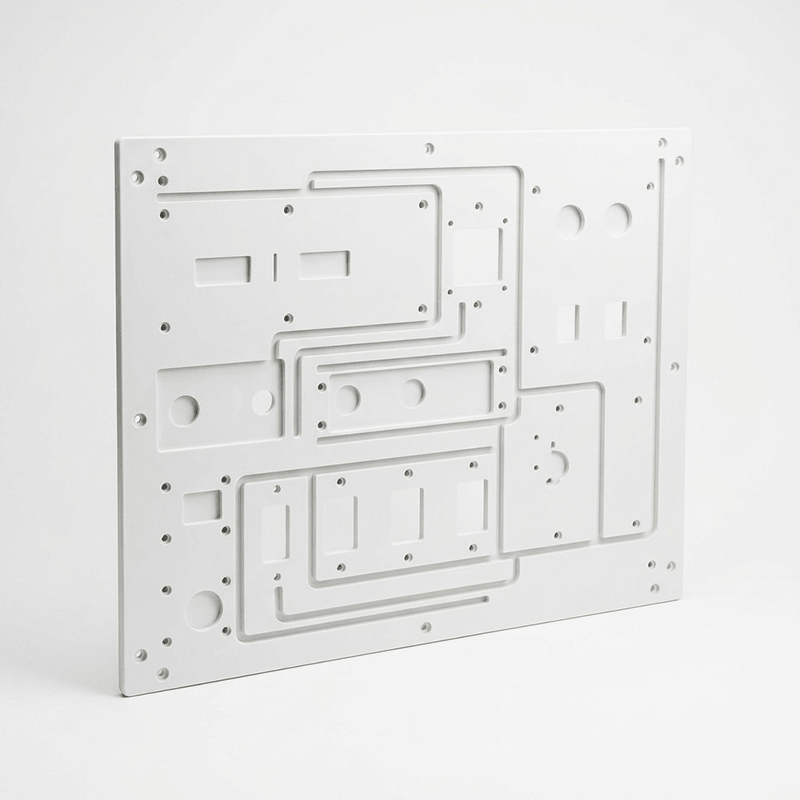 White metal electronic circuit board or panel with various cutouts and holes.