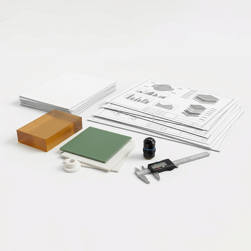 Office supplies including stacks of papers, architectural blueprints, a brown block, a green block, a white roll of tape, a black and blue laser measure, a small black object, and a black camera lens on a white surface.