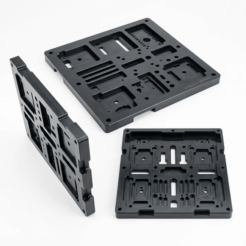 Three black metal or plastic mounting plates or brackets with various slots, holes, and cutouts for assembly or construction, arranged on a white background.