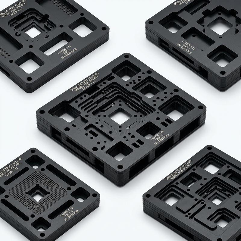 Several black, rectangular testing and electronic component frames with various cutouts and holes, labeled with model numbers and specifications, arranged on a white surface.