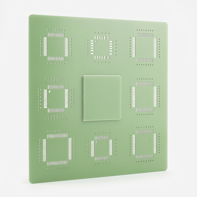A green square object with various rectangular and circular holes arranged in a symmetrical pattern, with a smaller square feature in the center.