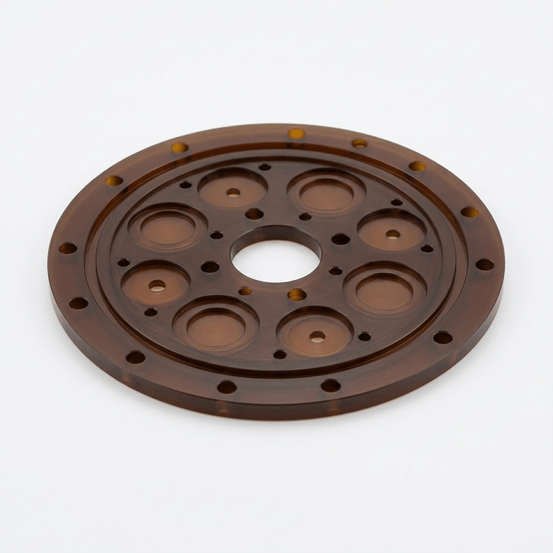 A round, brown, plastic or wooden object with multiple holes and circular indentations, possibly a gear or decorative element.