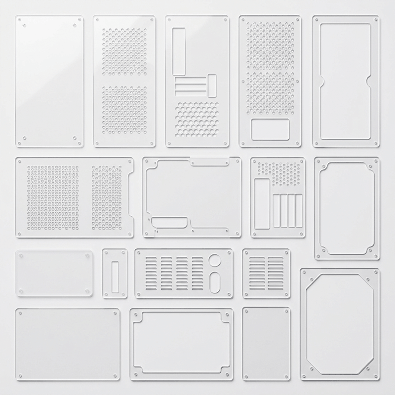 A collection of white, rectangular, and square electronic device covers or panels arranged on a plain white background.