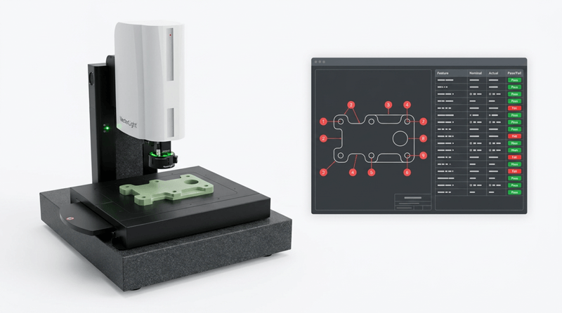 A coordinate measuring machine (CMM) inspecting a green plastic part with a probe, alongside a digital screen showing measurement data and a diagram of the part's features.