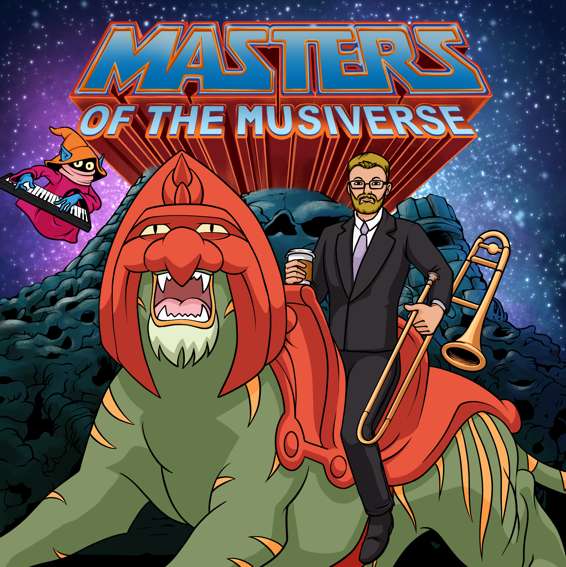 Illustration of a man in a suit riding a large green beast with a red mane, holding a coffee cup and a trombone, labeled 'Masters of the Musiverse', set against a starry cosmic background with a mountain and skull in the distance, and a purple-clad character playing a keyboard.