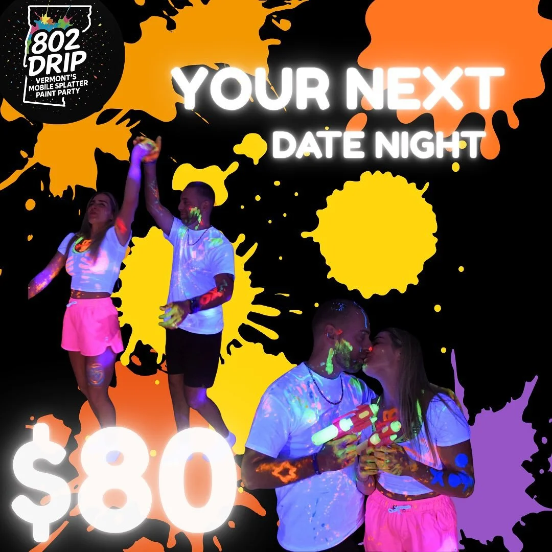 ✨ DATE NIGHT JUST GOT MESSY ✨
Swap dinner + a movie for paint-splattered laughter, neon colors, and memories that last way longer than takeout.

💥 Private 1-hour splatter paint experience for TWO
💥 Black lights, glowing paint, music &amp; your own 
