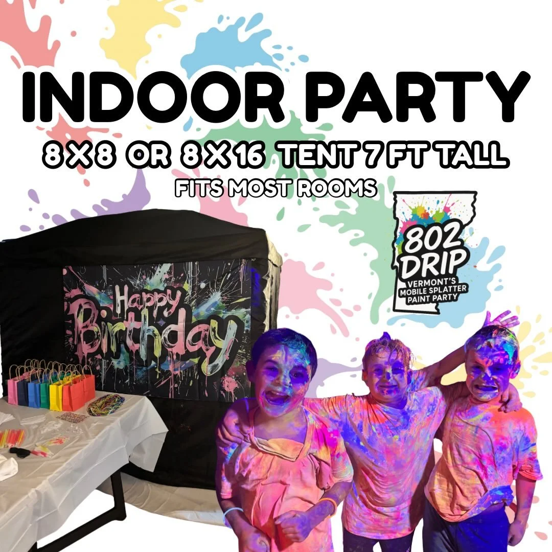 INDOOR PARTIES ARE A GO! 

Cold weather or bad weather doesn&rsquo;t stop the drip!
We now offer indoor 802 Drip parties using our smaller tents that fit most rooms:
🖤 8&times;8 or 8&times;16 tents
🖤 7 ft tall

We take extra precautions when workin