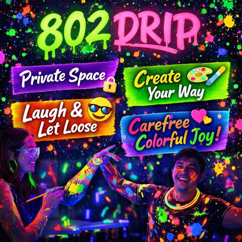802 Drip isn&rsquo;t just a paint room&mdash;it&rsquo;s a private creative escape.

Step into a glowing space filled with black lights and neon paint, where you can create your way&mdash;on canvas or on each other. Laugh, let loose, and experience ca