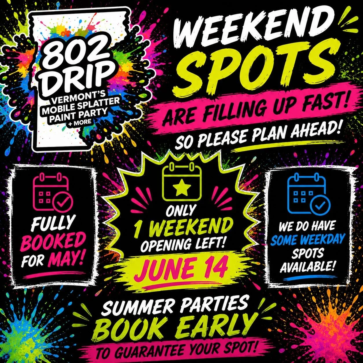 Weekends are filling up fast, so please plan ahead.

We are fully booked for May and only have one weekend opening left on June 14. We do still have some weekday spots available.

Summer parties book early, so if you have a date in mind, now is the t