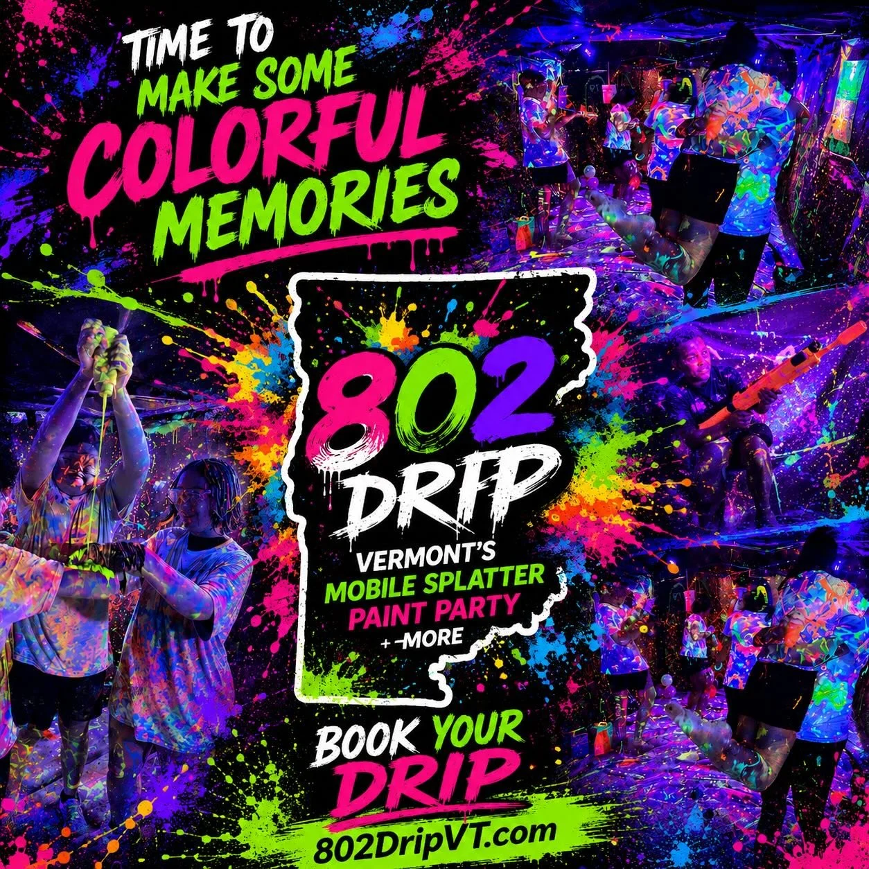 Vermont locals&mdash;check out 802 Drip for your next colorful party experience! 🎨✨
We bring the fun to you within a 50-mile radius of Milton, Vermont, with our fully immersive mobile splatter paint parties.

Book your experience at 802DripVT.com  T