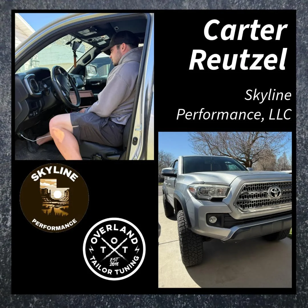 A promotional graphic for Skyline Performance, LLC featuring a man sitting inside a gray vehicle, a gray Toyota truck outside, and logos of Skyline Performance and Overland Tailor Tuning.
