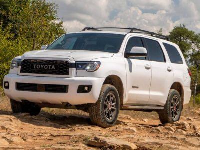 White Toyota SUV with black grille and roof rack parked on dirt ground with trees and cloudy sky in background.