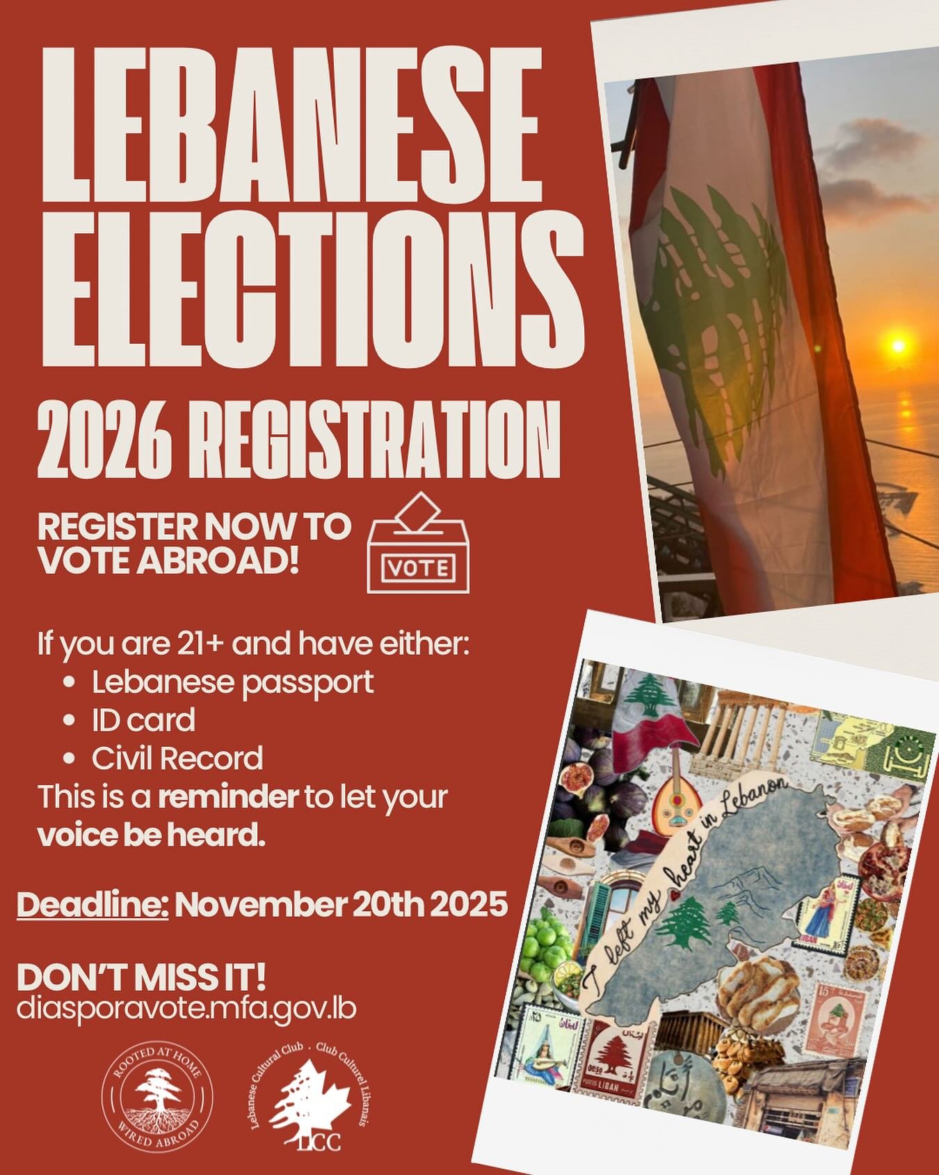 ✨Quick reminder that Lebanese Elections Registration is live! 🔴 
Change doesn&rsquo;t happen on its own, your vote can make a real difference.
Registration are open until November 20th 🇱🇧
🗳️Link to register to vote is in our bio!