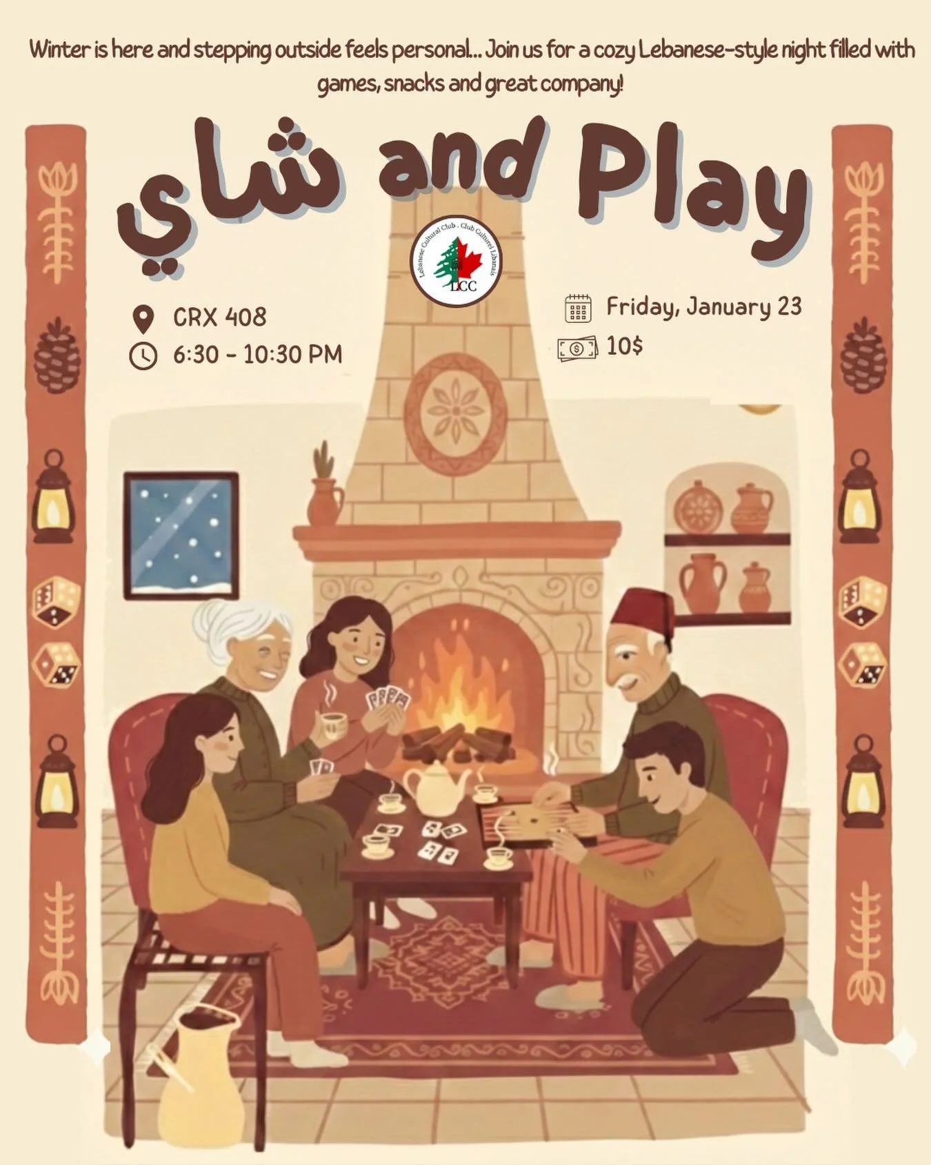 ☕️Shay and Play is finally back! Winter boredom? Not on our watch! 
Join us for board games, snacks, endless laughs, good vibes and even better company! ❄️🎲

📅When: Friday, January 23rd 
⏰ 6:30 pm - 10:30 pm
📍Where: CRX 408
💲Entrance: 10$

🔗Make