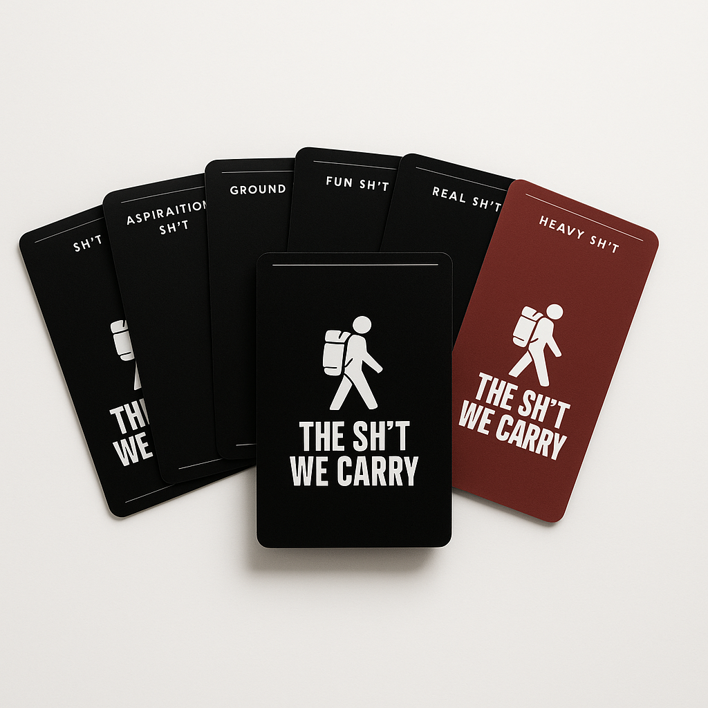A deck of black and red cards with humorous phrases and a graphic of a person with a backpack walking.