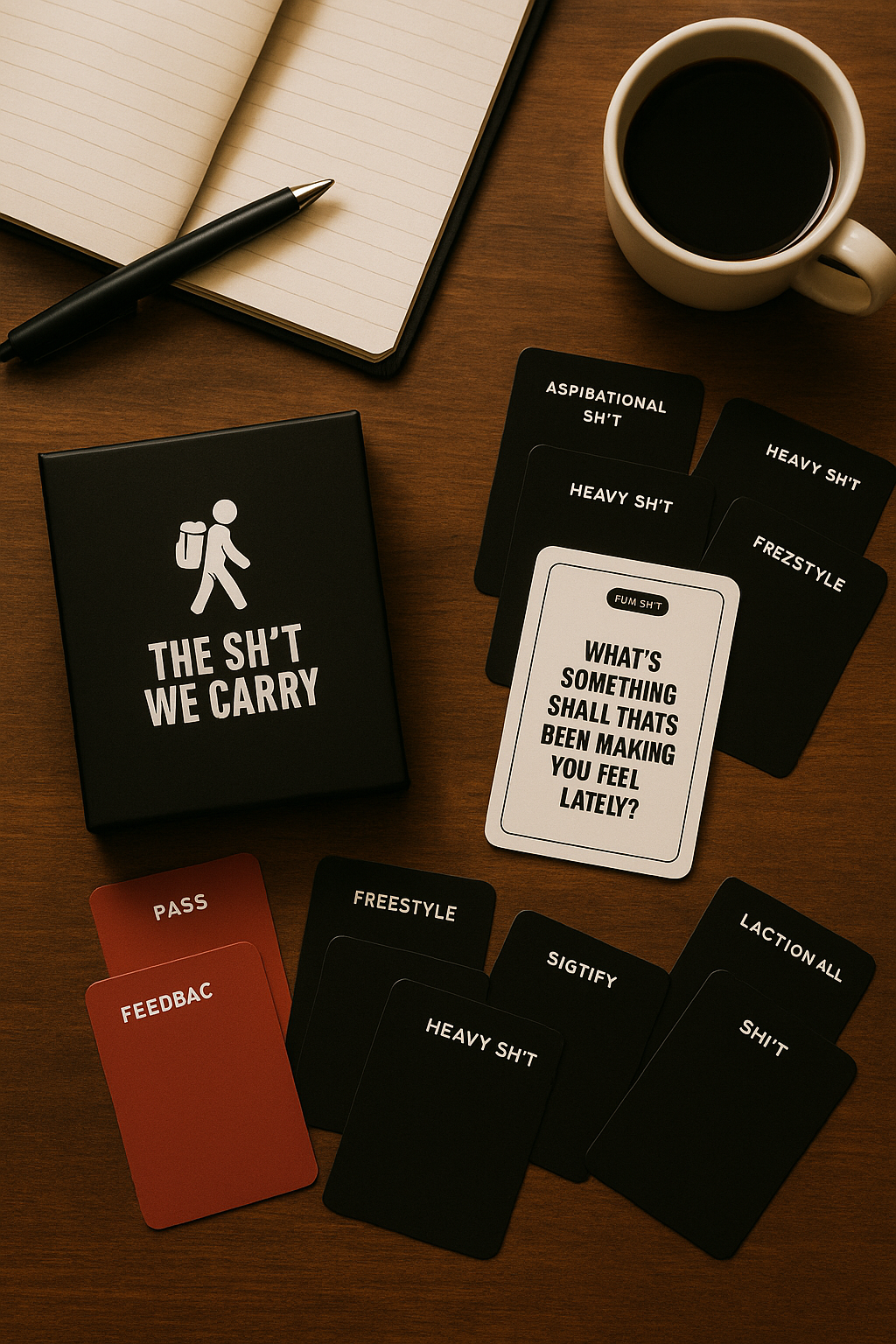 A desk scene with a notebook, pen, cup of coffee, and a box labeled "The Sh*t We Carry" containing various humorous card games related to bathroom humor and feelings.
