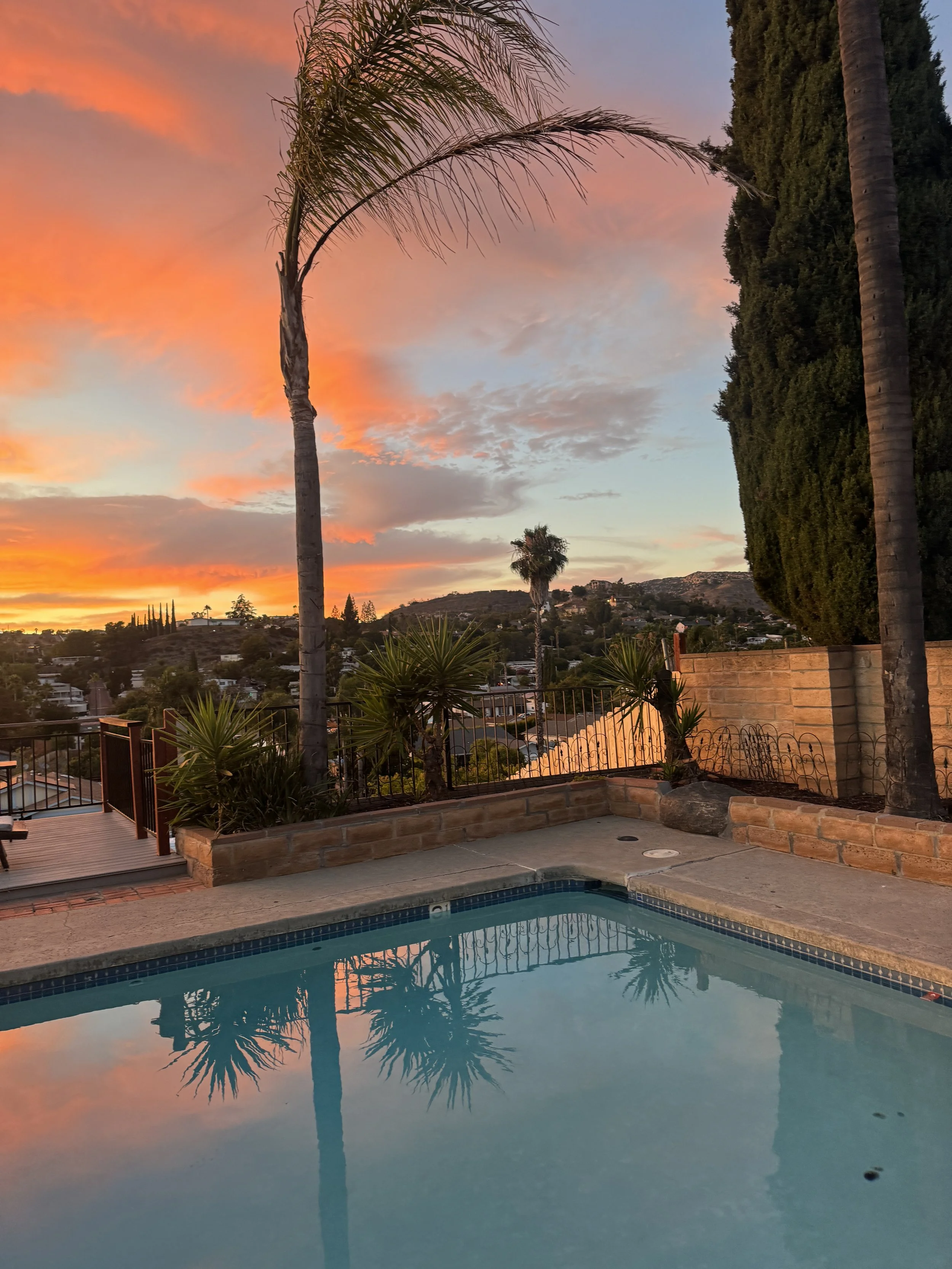 Sunset sky with pink, orange, and purple hues over a backyard with a swimming pool, tall palm trees, and green shrubbery.