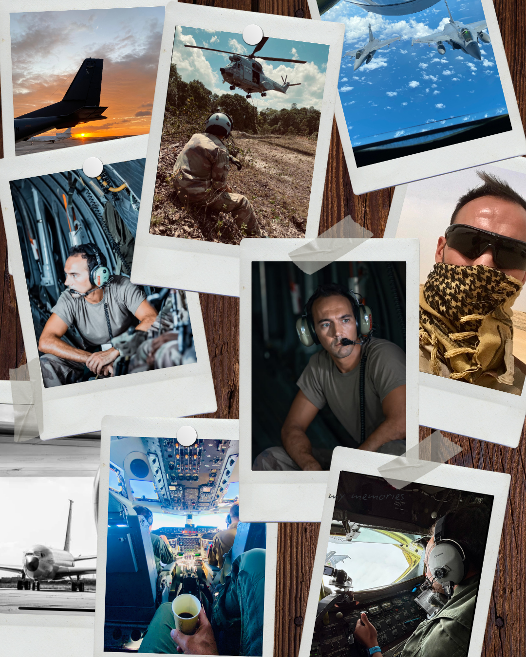 Une collection de photos militaires et aéronautiques, comprenant des avions au sol, un hélicoptère en vol, un pilote en uniforme, un homme à l'intérieur d'un avion avec des écouteurs, un pilote dans le cockpit, ainsi qu'un militaire en tenue avec un foulard devant un ciel désertique.