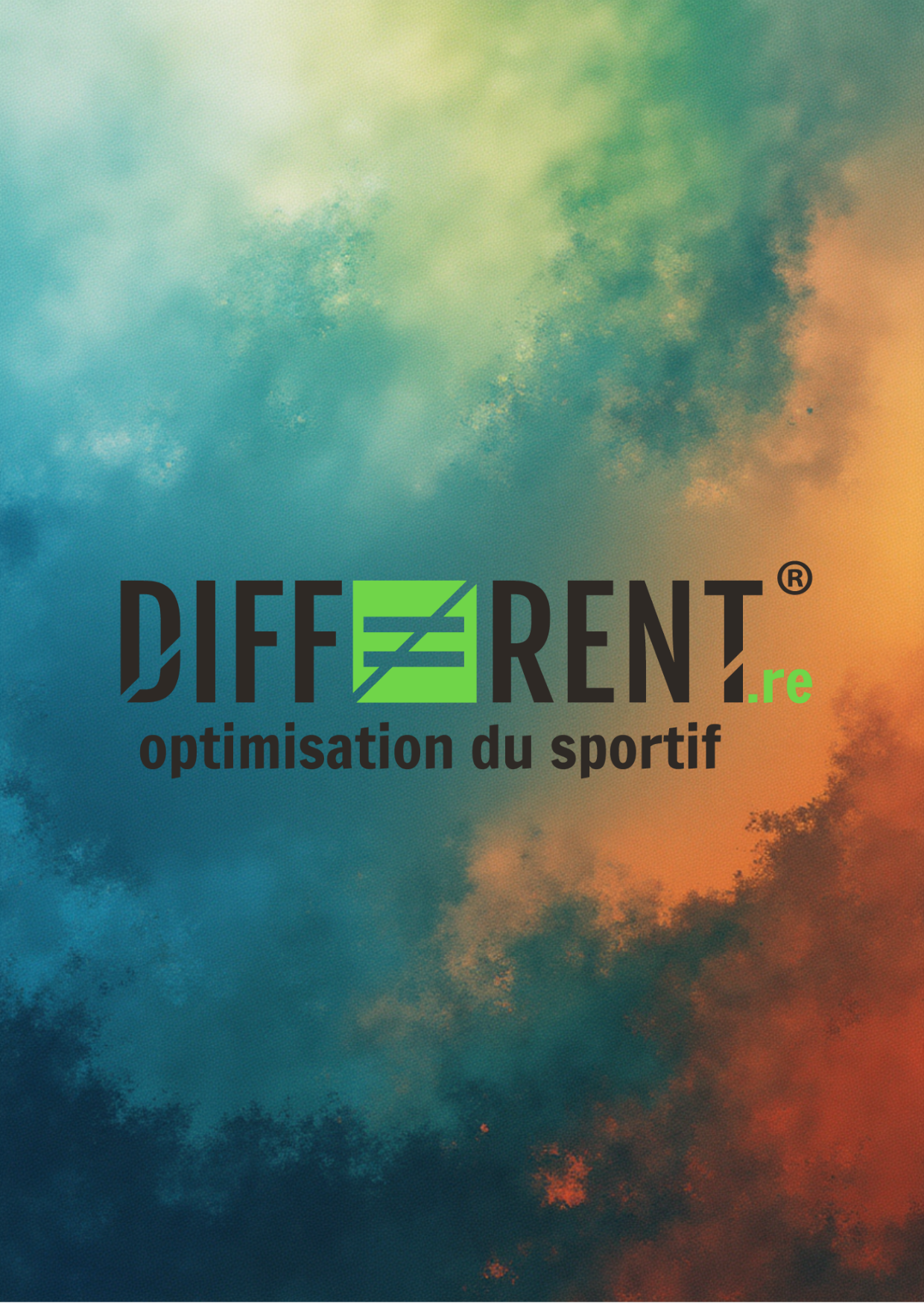 Logo de DIFFERENT.re avec le slogan 'optimisation du sportif' sur un fond coloré en dégradé de bleu, vert, orange et rouge.